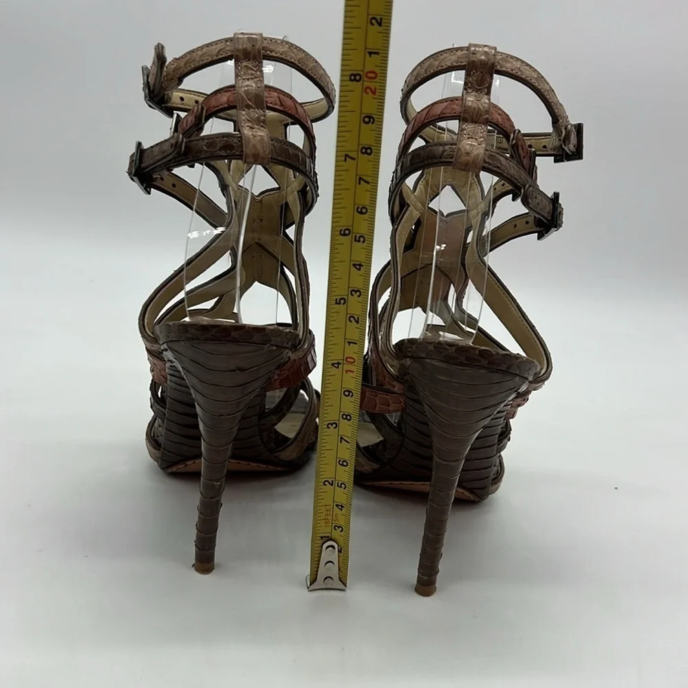 Brian Atwood Women US 7 EU 37 brown snakeskin strappy heeled sandals side buckle